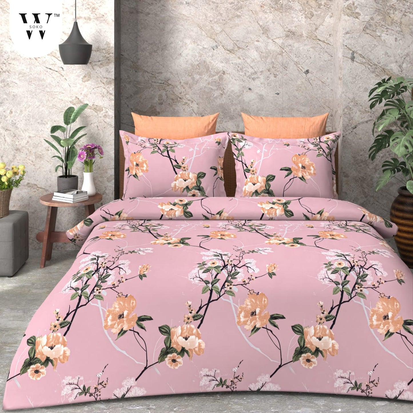 W-SOKO Floral Print 240 TC Microfiber Single Bed Bedsheet with 1 Pillow Covers (Size- 60 x 90 Inch)