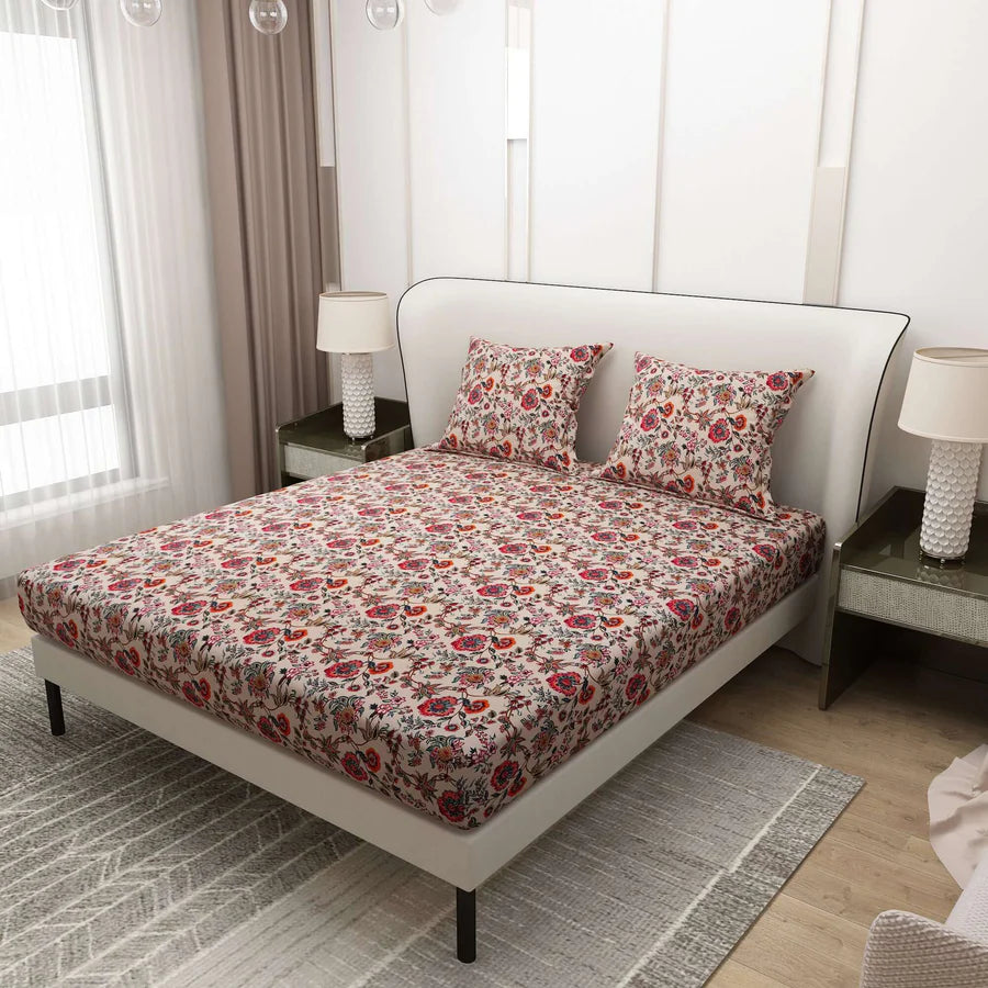 WSOKO 100% Cotton 400 TC Premium Super King Size Bedsheet for Double Bed (108 x 108 Inch) with 2 Pillow Covers Set (17 x 27 Inch) Designer Printed Bedsheet