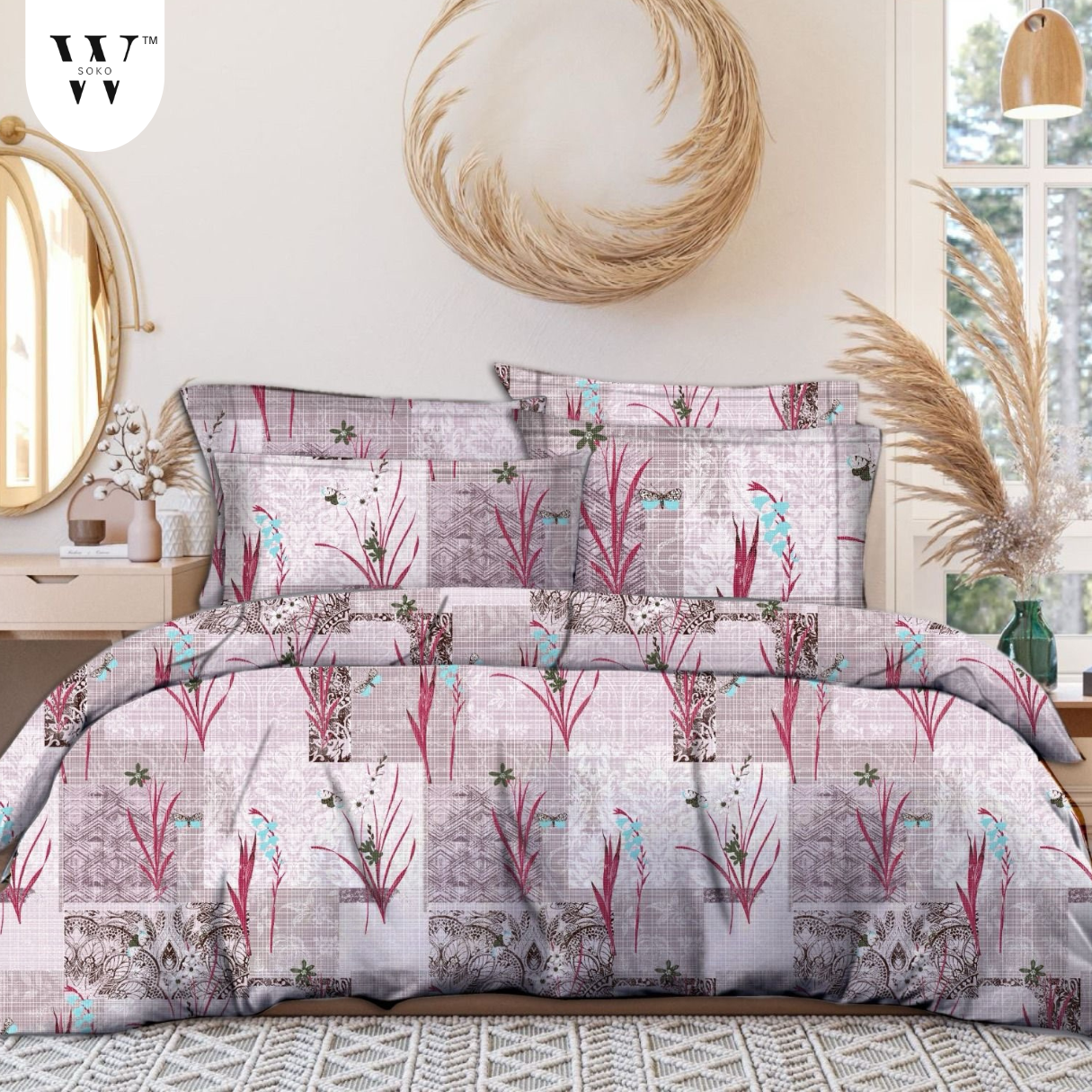 WSOKO 100% Cotton 400 TC Premium Super King Size Bedsheet for Double Bed (108 x 108 Inch) with 2 Pillow Covers Set (17 x 27 Inch) Designer Printed Bedsheet