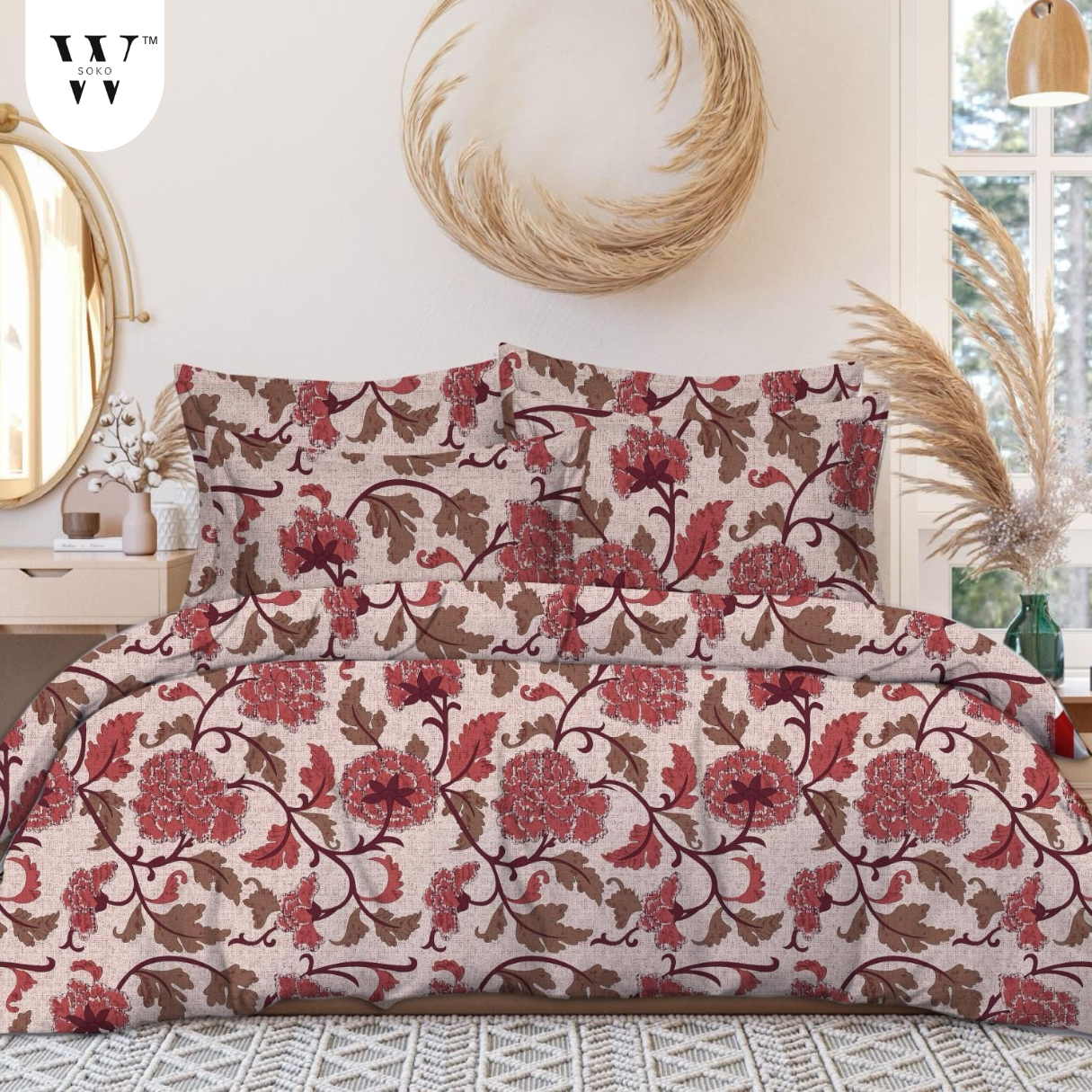 WSOKO 100% Cotton 400 TC Premium Super King Size Bedsheet for Double Bed (108 x 108 Inch) with 2 Pillow Covers Set (17 x 27 Inch) Designer Printed Bedsheet