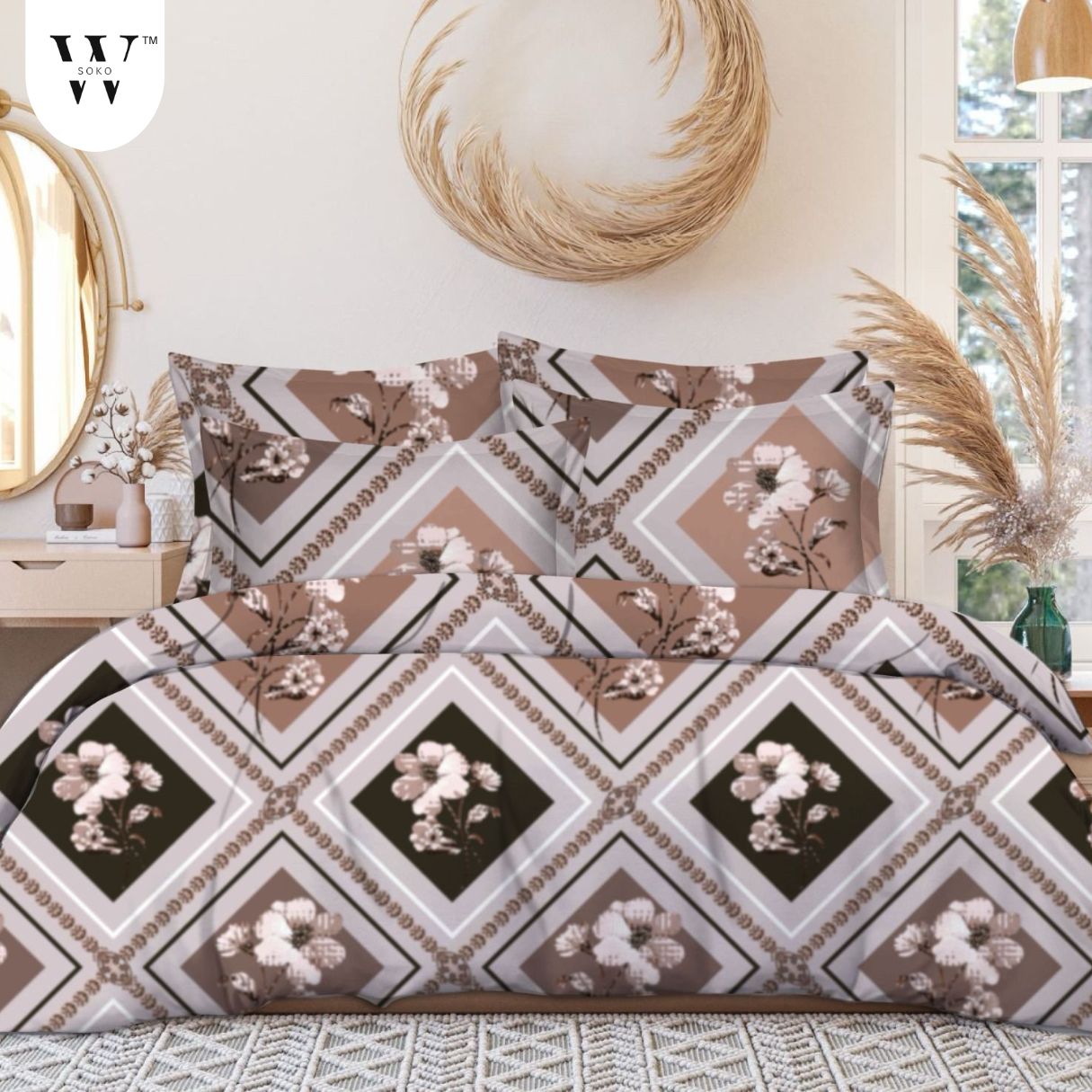 WSOKO 100% Cotton 400 TC Premium Super King Size Bedsheet for Double Bed (108 x 108 Inch) with 2 Pillow Covers Set (17 x 27 Inch) Designer Printed Bedsheet