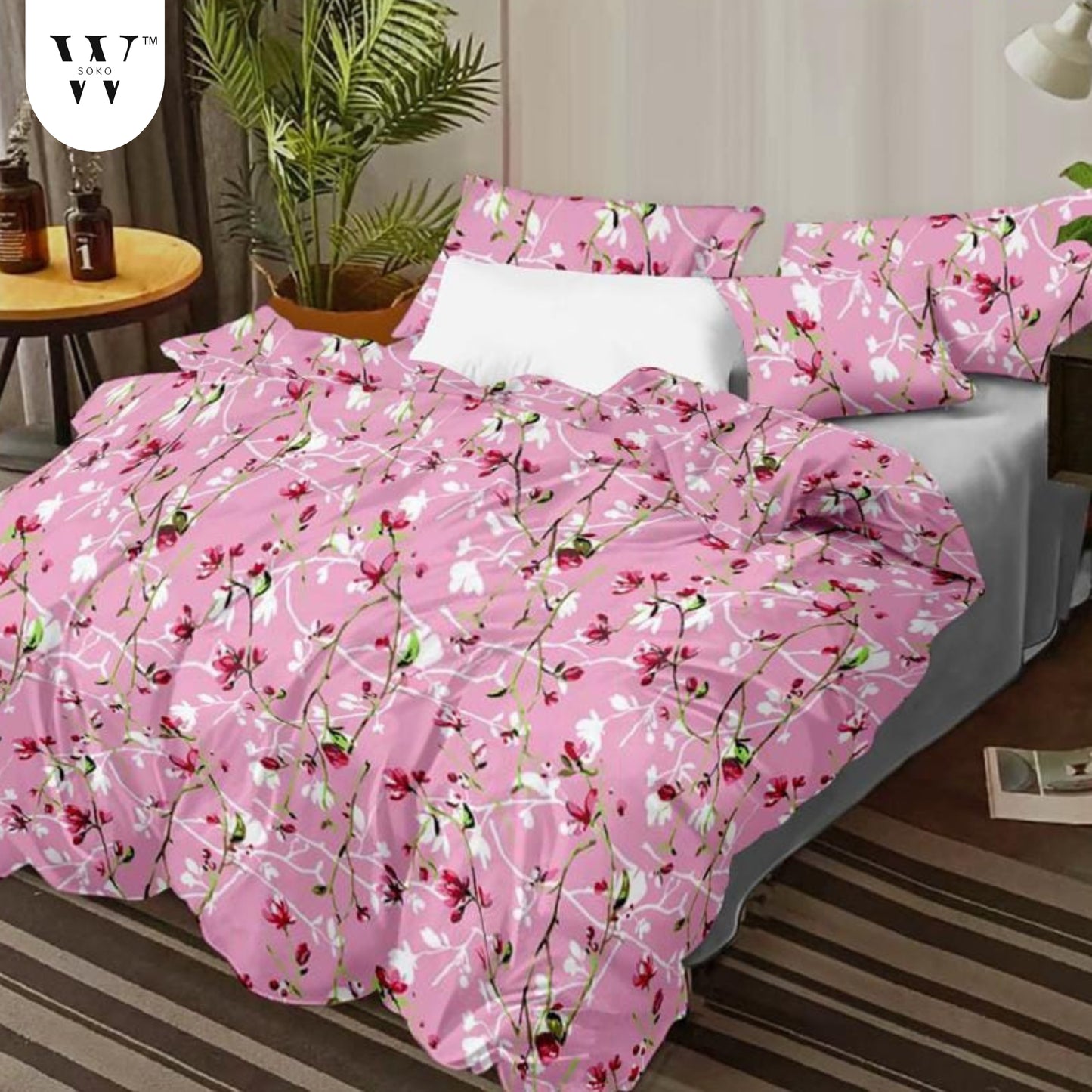 W-SOKO Floral Print 240 TC Microfiber Single Bed Bedsheet with 1 Pillow Covers (Size- 60 x 90 Inch)
