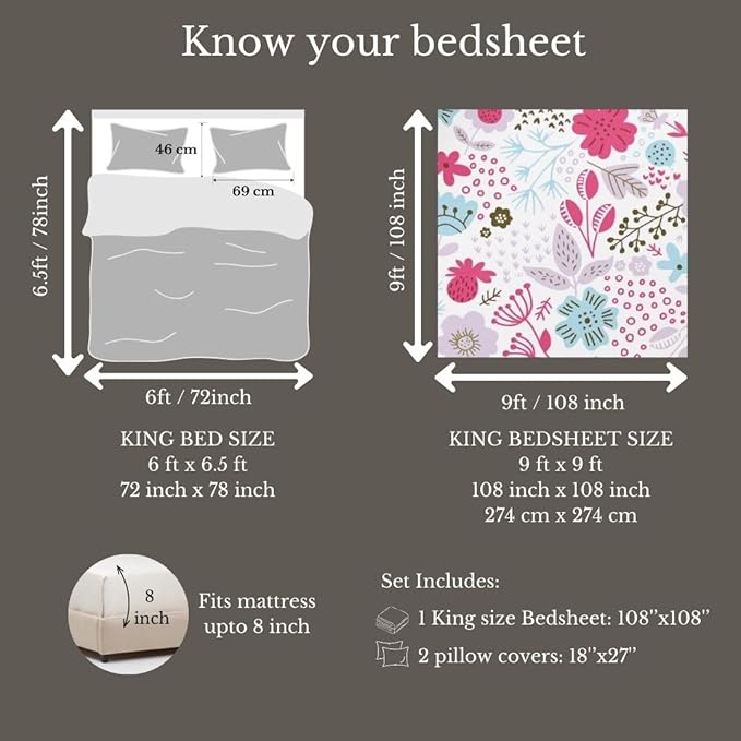 100% Cotton Bed Sheet for King Size Bed, 1 King Size Bed Sheet (108x108 Inches) with 2 Pillow Covers, Premium 240 TC Bedsheet for Double Bed King Size