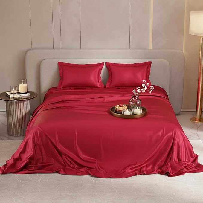Cloth Fusion Satin Bedsheet for King Size Bed, Perfect for Romantic Night, Excellent Gift for All Celebrations, Set of 1 Satin Sheet 108"X108" & 2 Pillow Covers (Crimson Red 300 TC