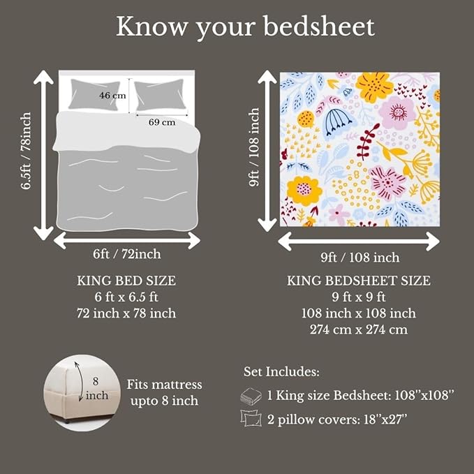 100% Cotton Bed Sheet for King Size Bed, 1 King Size Bed Sheet (108x108 Inches) with 2 Pillow Covers, Premium 240 TC Bedsheet for Double Bed King Size
