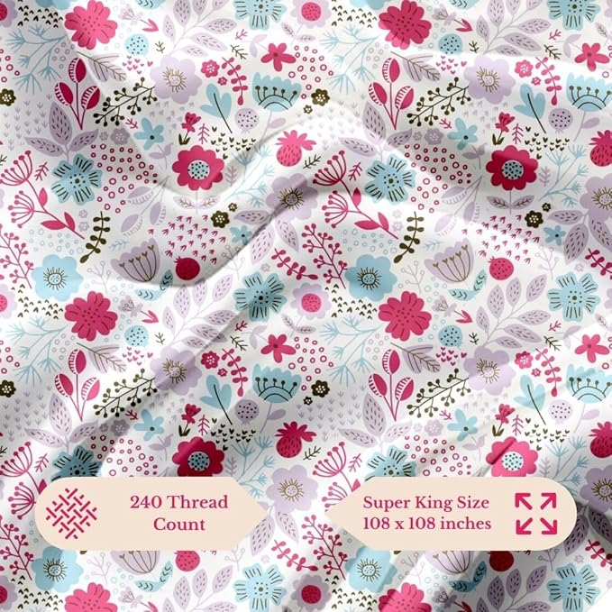 100% Cotton Bed Sheet for King Size Bed, 1 King Size Bed Sheet (108x108 Inches) with 2 Pillow Covers, Premium 240 TC Bedsheet for Double Bed King Size