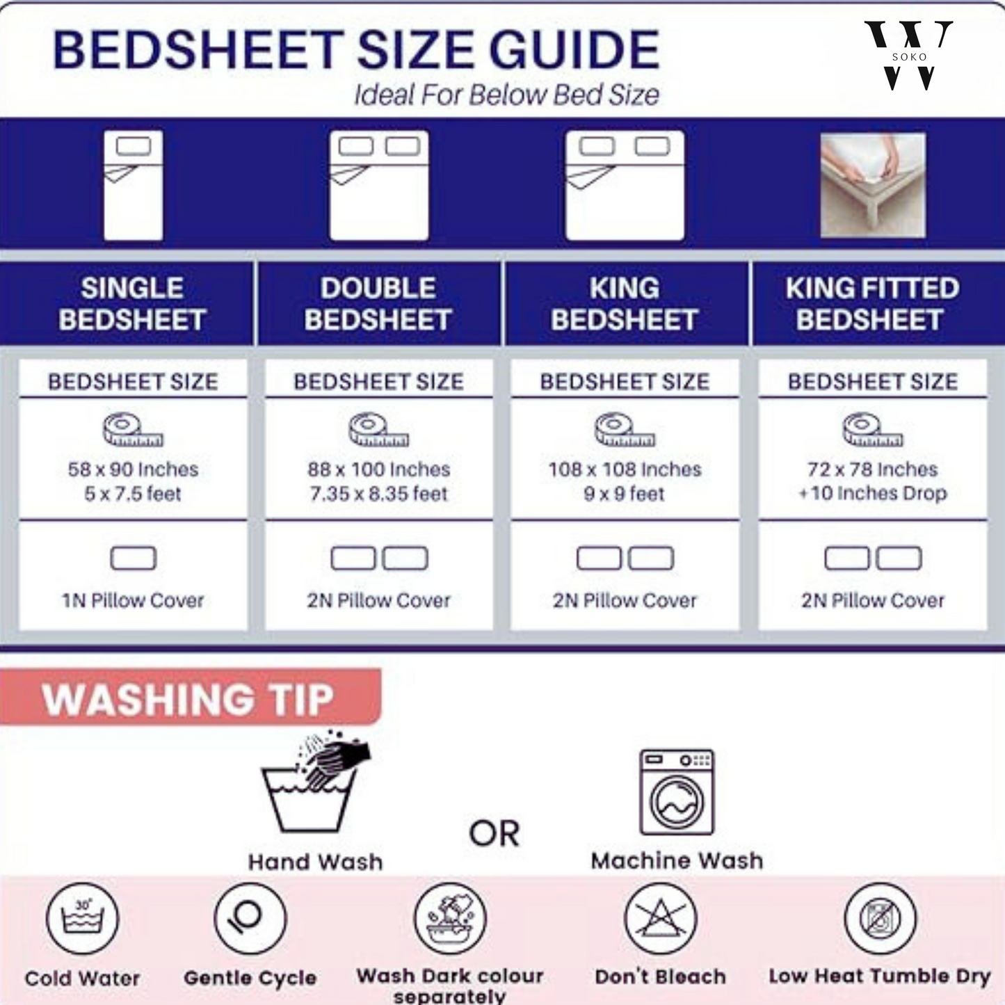 WSOKO Cotton 3 Piece Bed Sheet (1 Flat Sheet & 2 Pillowcase) Hotel Luxury Bed Sheets - Extra Soft Easy Fit - Breathable & Cooling Sheets King Size B&B (108"X108