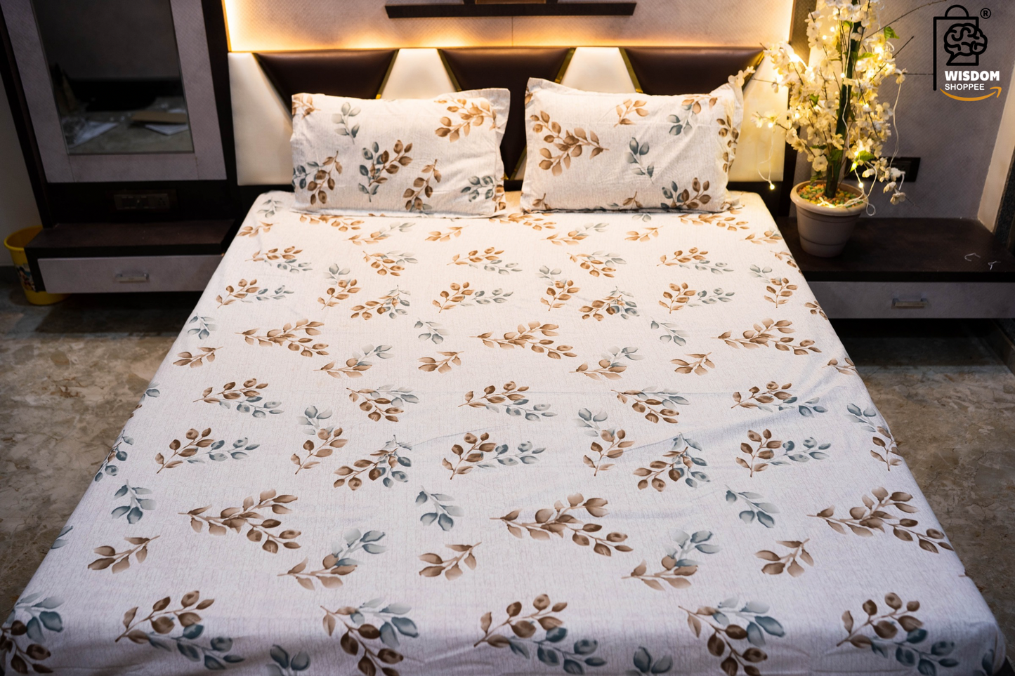 Thread Count Premium Cotton Queen Size Printed Double Bedsheet with Two Pillow Covers for Home 90 Inches x 100 Inches