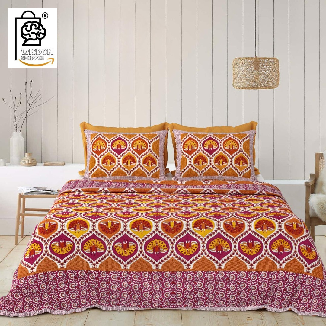 WSOKO COTTON Jaipur Weaves Bedsheet King Size 100% Pure Cotton 400TC Bed Sheet with 2 Pillow Covers, Super Soft Cozy Bedsheets Set,108x108 inches/ 9ftx9ft (Floral&nbsp; Super King)