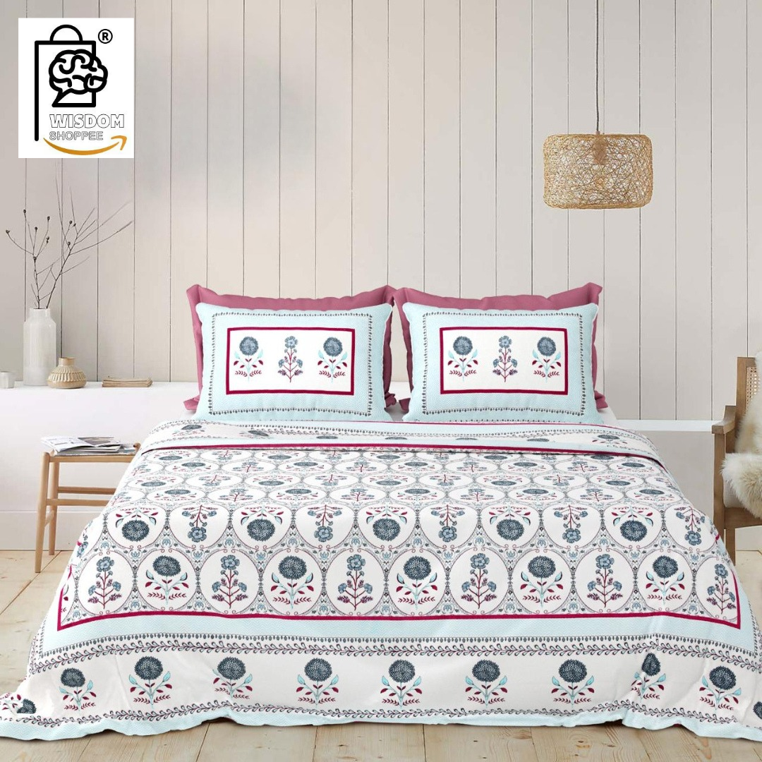 WSOKO COTTON Jaipur Weaves Bedsheet King Size 100% Pure Cotton 400TC Bed Sheet with 2 Pillow Covers, Super Soft Cozy Bedsheets Set,108x108 inches/ 9ftx9ft (Floral&nbsp; Super King)