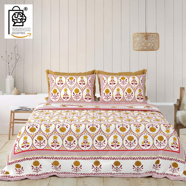 WSOKO COTTON Jaipur Weaves Bedsheet King Size 100% Pure Cotton 400TC Bed Sheet with 2 Pillow Covers, Super Soft Cozy Bedsheets Set,108x108 inches/ 9ftx9ft (Floral&nbsp; Super King)