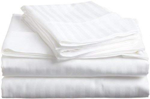 WSOKO COTTON 90X100 White Double Bed Striped Bedsheet 400 TC Cotton Satin Plain for Queen Size with Two Pillow Covers for Home-Hotels-Guest House-OYO Rooms