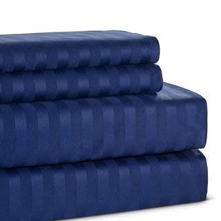 WSOKO COTTON 400TC Plain Satin Stripes AC Comforter Set King Size Double Bed with 1 Flat bedsheet-90x100 inch and 2 Pillow Covers,4pc-Bedding Set (Blue)