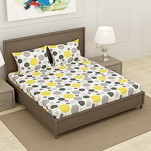 WSOKO 100% Cotton 400TC Bedsheet for Double Bed King Size Bedsheet with 2 Pillow Covers[108X108 (Size:275 X 275 cm, Geometric, Grey Lagoon)