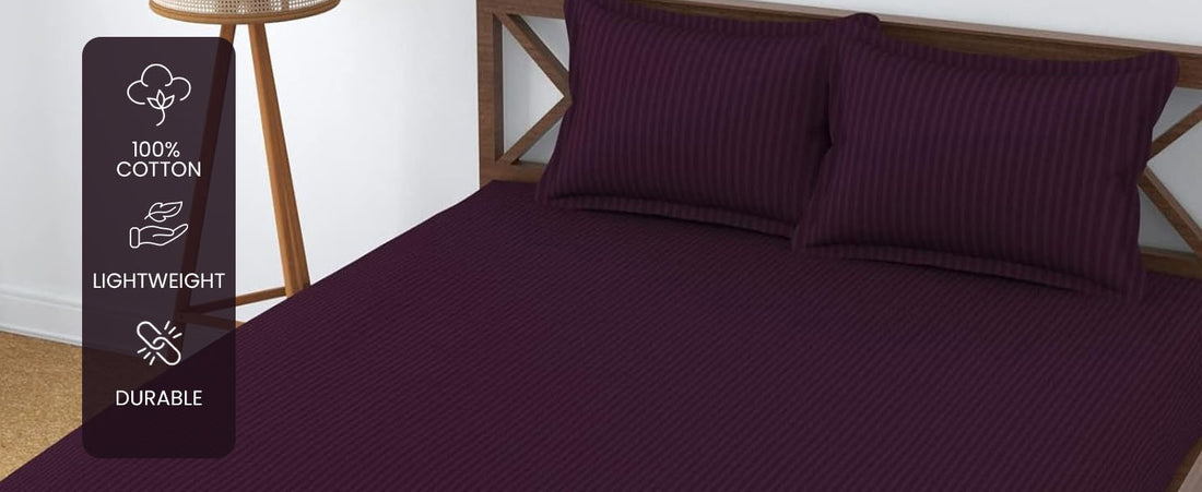 WSOKO  300 TC Cotton Plain Stripe Queen Size Double Bedsheet for Double Bed with Two Pillow Covers (Queen, Violet) (90 * 100 Inches)