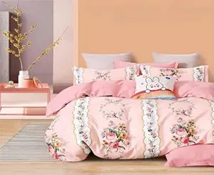 WSOKO COTTON King Size Fitted Bedsheet Super Soft 500 TC 360° Elastic Fitted Bedsheet King Size (78X72X8 Inch) with 2 Pillow Covers, Color- Cream bby  Pink Pattern-Floral