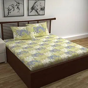 WSOKO 100% Cotton 400TC Bedsheet for Double Bed King Size Bedsheet with 2 Pillow Covers[108X108 (Size:275 X 275 cm, Floral, Lemon Drop
