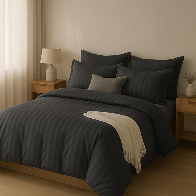 WSOKO COTTON 400TC Microfiber Satin Stripe Cotton AC Comforter Set King Size Double Bed with 1 Flat bedsheet-90x100 inch and Two Pillow Covers II 4 pc Bedding Set for Home|Hotels| (Grey)