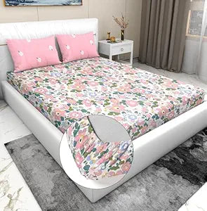 WSOKO Presents Luxurious wsoko Cotton Super Soft 500 TC 360° Elastic Fitted Bedsheet King Size (78X72X8 Inch) with 2 Pillow Covers, Color- Cream Pink Pattern-Floral