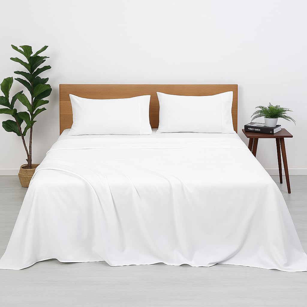WSOKO COTTON 500 TC Premium Cotton Super King Bedsheet Set (108 × 108 Inches) | Plain White | 1 Bedsheet + 2 Pillow Covers