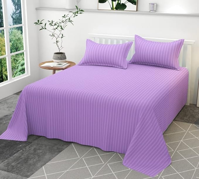 WSOKO Cotton Premium Satin Stripe King Size Bedsheet 108 x 108 Inches with 2 Pillow Covers | 100% Cotton | Hotel Quality | Ultra Soft | Breathable | Luxury Bedding Set | Lavender Purple