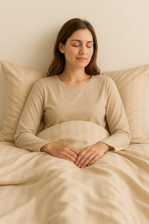 WSOKO Satin Stripe 400 TC King Size 4Pc AC Comforter Set for Double Bed with 1 Flat Bedsheet and 2 Pillow Covers - Lightweight for All Weather/Season - 90x100 Inches, Beige