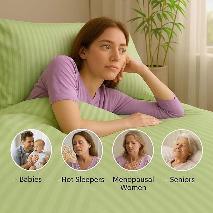 WSOKO COTTON Microfiber Satin Stripe 400 TC King Size 4Pc AC Comforter Set for Double Bed with 1 Flat Bedsheet and 2 Pillow Covers - Lightweight for All Weather/Season - 90x100 Inches, Green