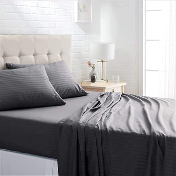 WSOKO COTTON 400 TC Striped Bed Sheet – 300 TC Cotton Feel – King (100"x108") – Steel Grey – with 2 Pillow Covers | Ideal for Hostels, PGs, Hotels & Guest Houses