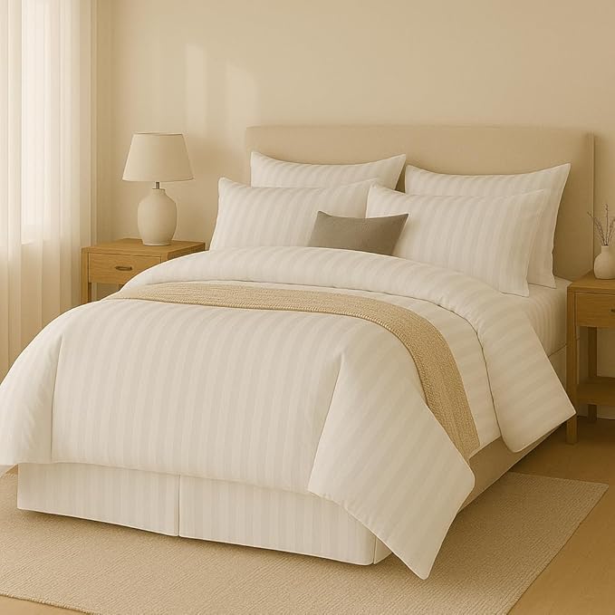 WSOKO Satin Stripe 400 TC King Size 4Pc AC Comforter Set for Double Bed with 1 Flat Bedsheet and 2 Pillow Covers - Lightweight for All Weather/Season - 90x100 Inches, White