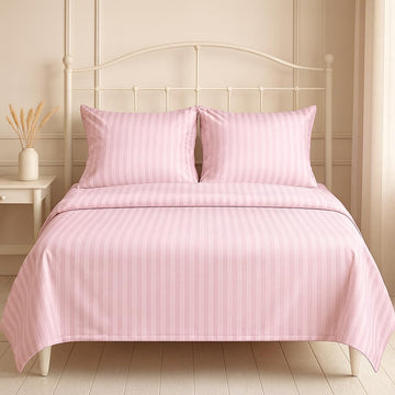 WSOKO Pink Satin Stripe Cotton Bedsheet | Queen/Double Size (90 × 100 Inch) | 400 TC | 1 Bedsheet + 2 Pillow Covers