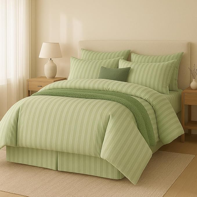 WSOKO Satin Stripe 400 TC King Size 4Pc AC Comforter Set for Double Bed with 1 Flat Bedsheet and 2 Pillow Covers - Lightweight for All Weather/Season - 90x100 Inches, Green