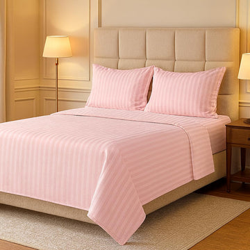 WSOKO 400 TC Satin Stripe King Size Bedsheet with 2 Pillow Covers | 108x108 Inches Super King Double Bed Sheet | Luxury Hotel Collection | Soft & Breathable Cotton Feel Fabric | Pink
