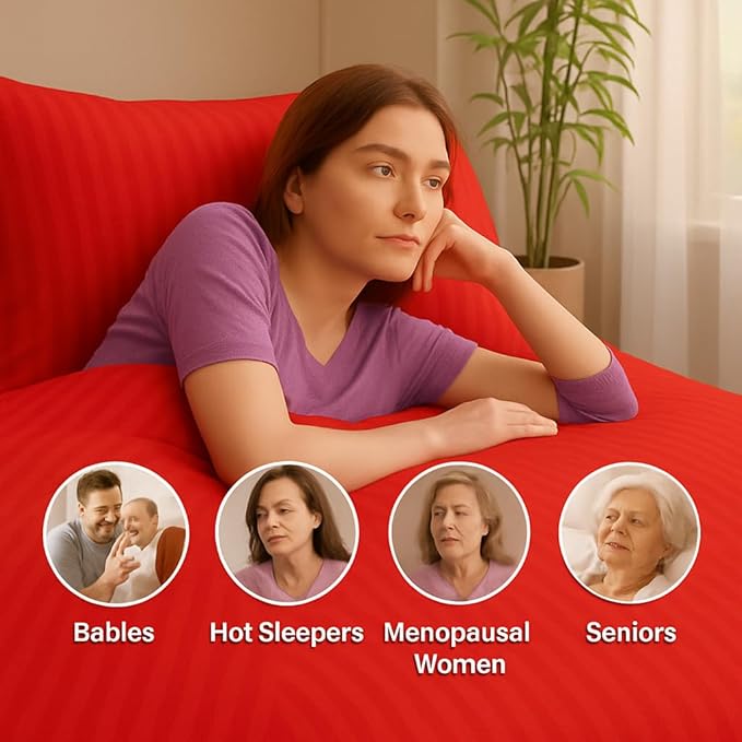 WSOKO COTTON Microfiber Satin Stripe 400 TC King Size 4Pc AC Comforter Set for Double Bed with 1 Flat Bedsheet and 2 Pillow Covers - Lightweight for All Weather/Season - 90x100 Inches, Red