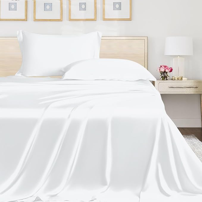 WSOKO COTTON 100% Organic Vegan WSOKO&nbsp; Silk Bedsheet For Double Bed Size Bedding With Pillow Cover 600 TC For Bedroom, Soft Smooth Hotel Quality Premium Flat Sheets For Summer (108x108 Inch, White)
