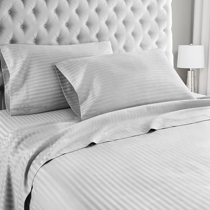 WSOKO Cotton Satin Stripe King Size Double Bed Flat Bedsheet with Two Pillow Covers for Home/Hotels/Guest/Hospital/House/Villa/PG's (90 x 100 Inch)