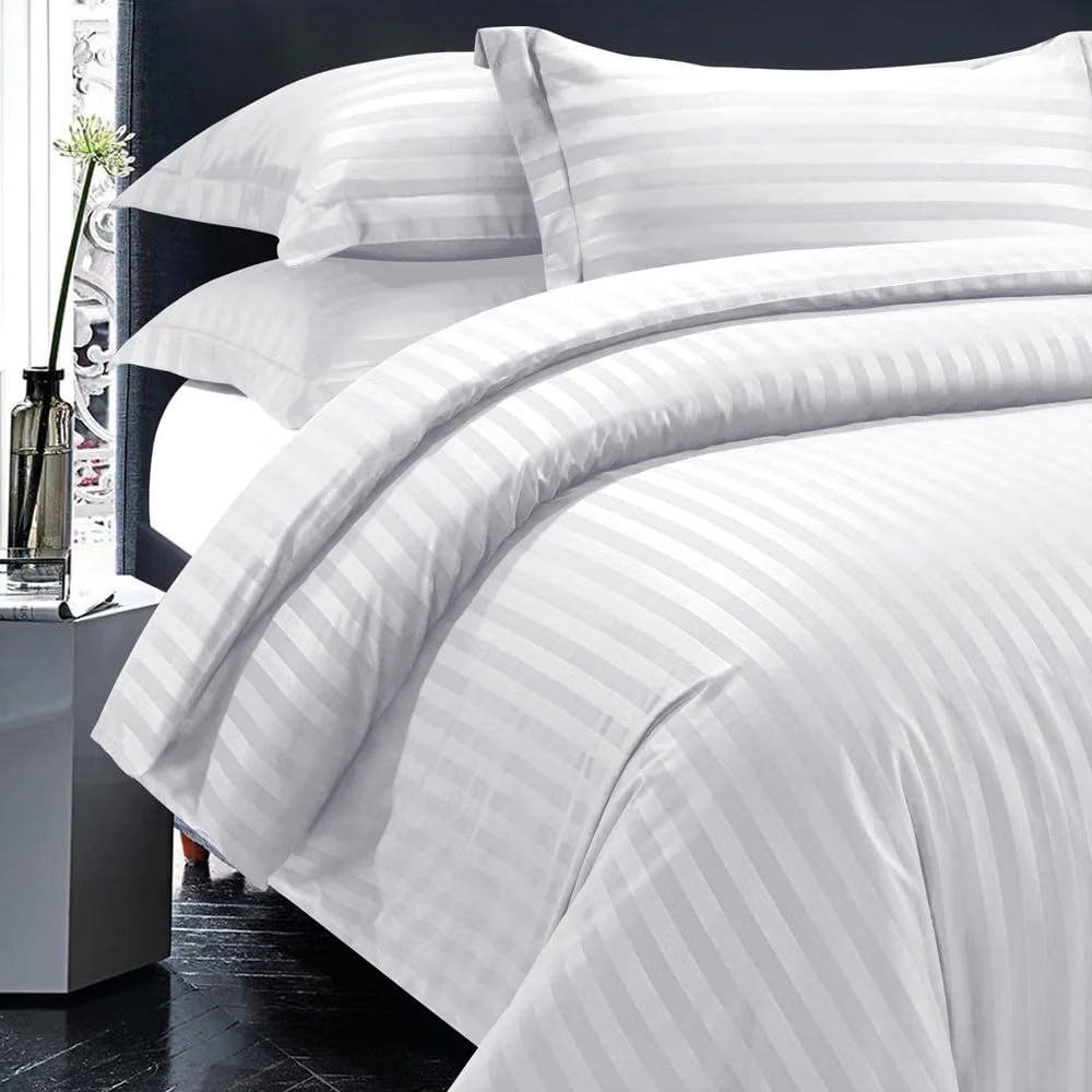 WSOKO Premium Cotton Queen Size Bedding Set | Bedsheet, Pillow Covers, Duvet & Duvet Cover | Satin Stripes
