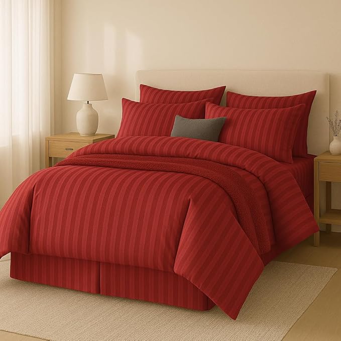 WSOKO Satin Stripe 400 TC King Size 4Pc AC Comforter Set for Double Bed with 1 Flat Bedsheet and 2 Pillow Covers - Lightweight for All Weather/Season - 90x100 Inches, White