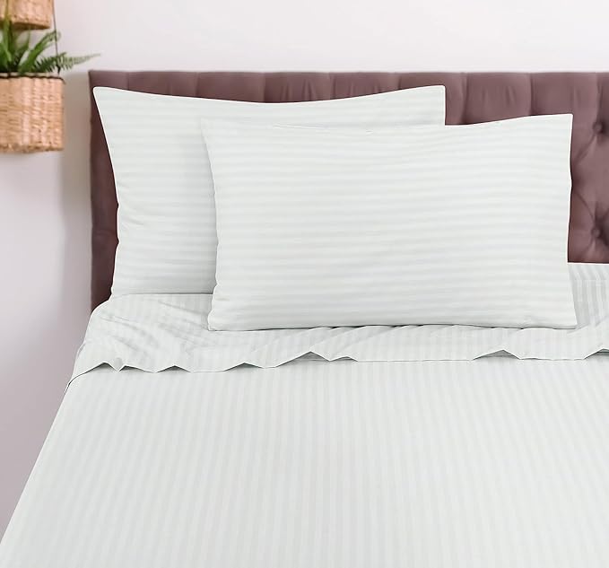 WSOKO COTTON 300 TC 100% Cotton Satin Stripes Double Bed Sheet - Premium Hotel Bedsheet and Pillow Covers Set for Hotels, Guest House & B&B (White,90x100 inch)