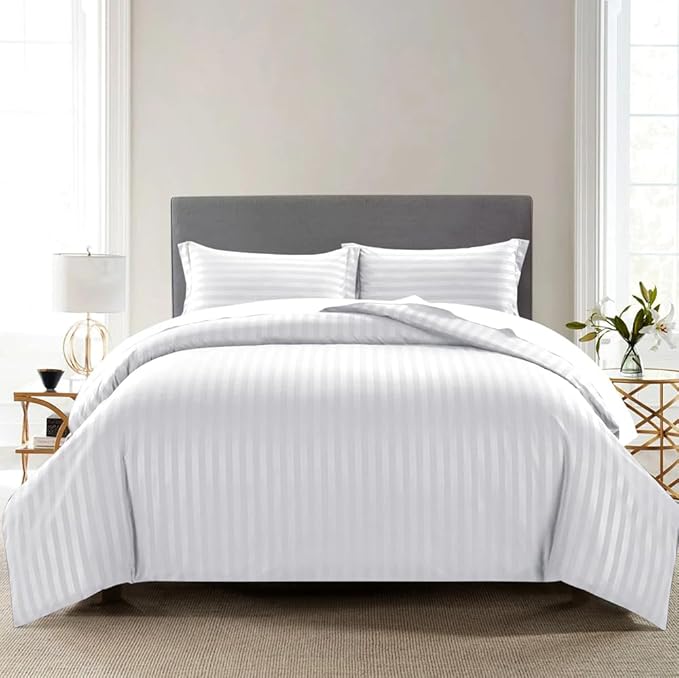 WSOKO 400 TC 100% Cotton Satin Stripes King Bed Sheet - Premium Hotel Bedsheet and 2 Pillow Covers Set for Hotels, Guest House & B&B (White,100x108 inch)