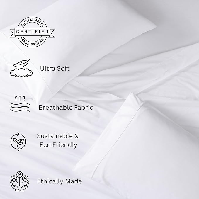 WSOKO LINEN 100% Organic Cotton Bedsheet Set for Super King Bed - 500GSM TEX Certified, Soft, Breathable &amp; Comfortable Fabric, Machine Washable, Includes 1 Flat Sheet &amp; 2 Pillow Covers - White