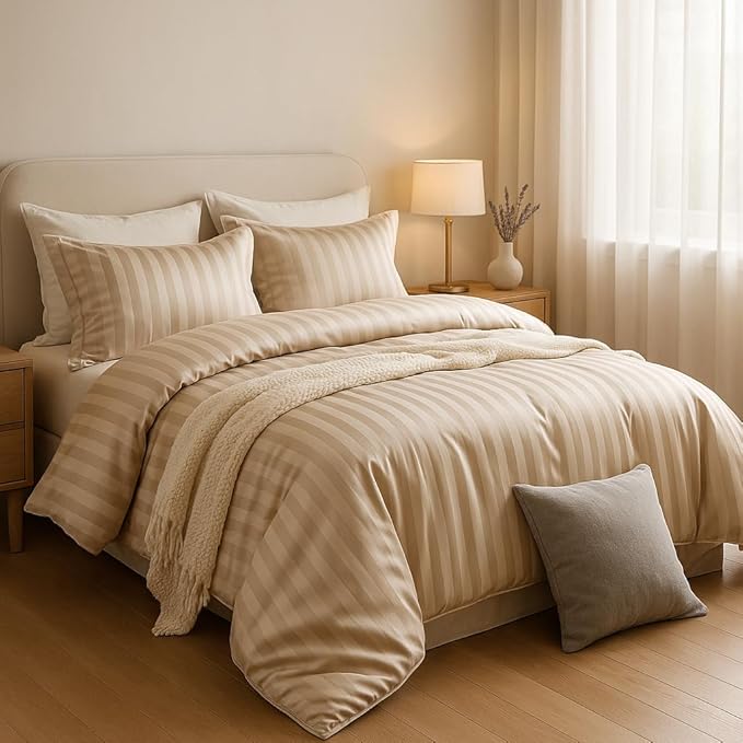 WSOKO COTTON Microfiber Satin Stripe 400 TC King Size 4Pc AC Comforter Set for Double Bed with 1 Flat Bedsheet and 2 Pillow Covers - Lightweight for All Weather/Season - 90x100 Inches, Beige