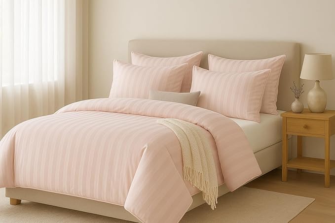 WSOKO COTTON Microfiber Satin Stripe 400 TC King Size 4Pc AC Comforter Set for Double Bed with 1 Flat Bedsheet and 2 Pillow Covers - Lightweight for All Weather/Season - 90x100 Inches, Pink