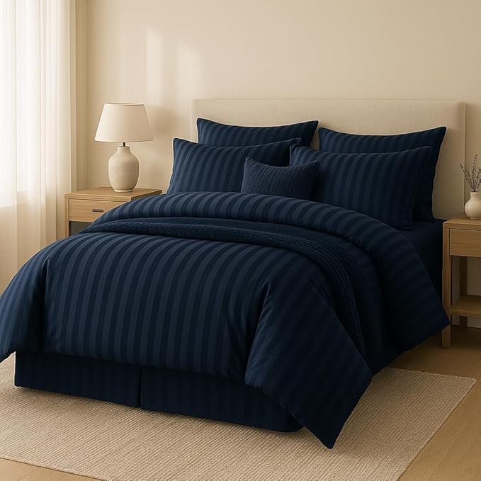 WSOKO COTTON Microfiber Satin Stripe 400 TC King Size 4Pc AC Comforter Set for Double Bed with 1 Flat Bedsheet and 2 Pillow Covers - Lightweight for All Weather/Season - 90x100 Inches, Navy Blue