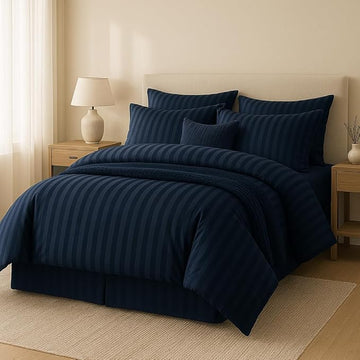WSOKO COTTON Microfiber Satin Stripe 400 TC King Size 4Pc AC Comforter Set for Double Bed with 1 Flat Bedsheet and 2 Pillow Covers - Lightweight for All Weather/Season - 90x100 Inches, Navy Blue