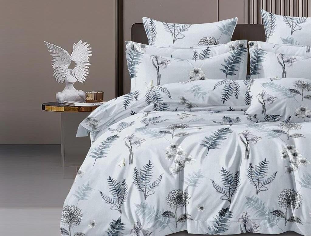WSOKO 300Cotton Printed Super King Size Double Bedsheet with Two Pillow Covers, 108 * 108 Inches or 9ft by 9ft or 275 cm x 275 cm (Grey Leaf Print)