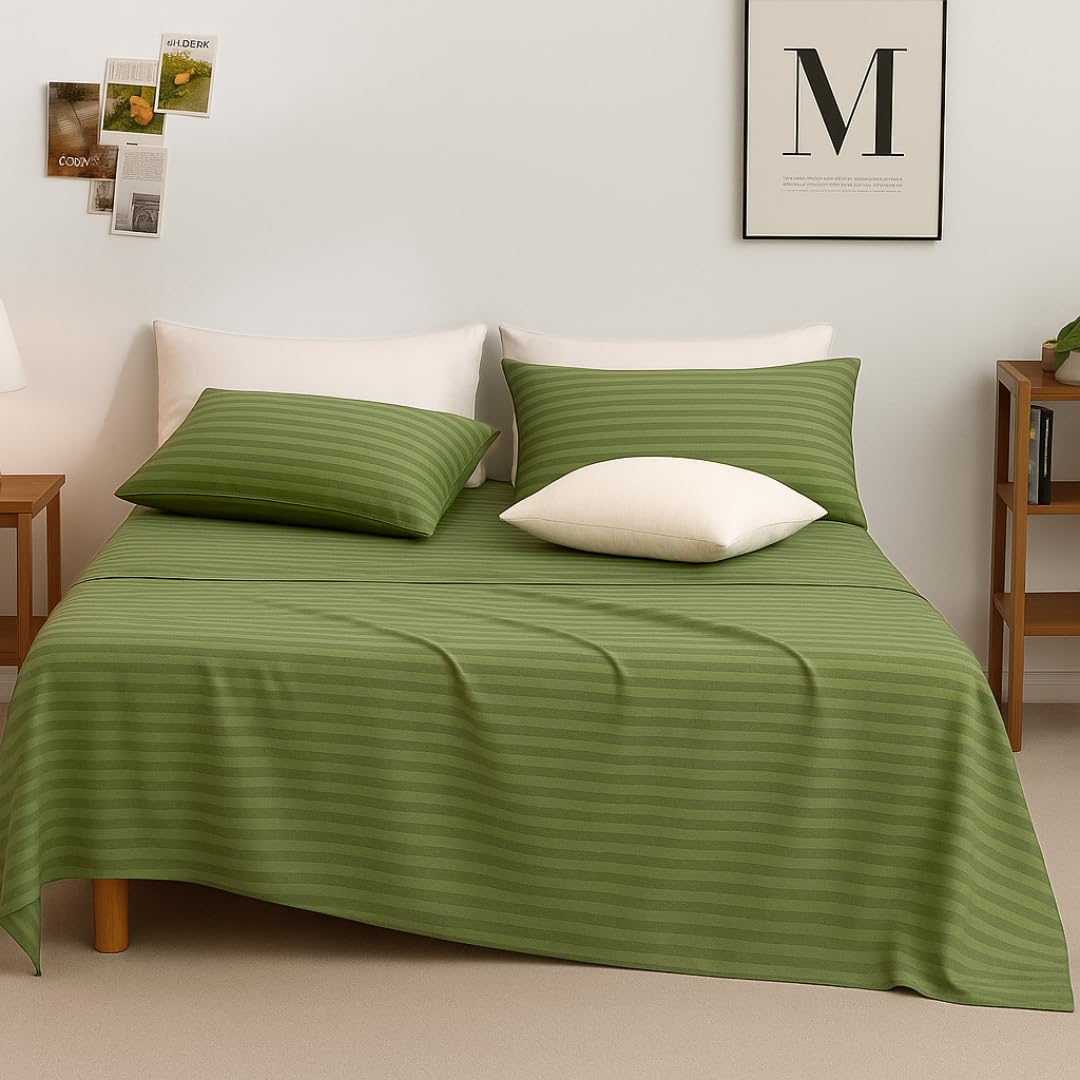 WSOKO Cotton 400 TC Super King Size Bedsheet | satin stripe green size 108x108