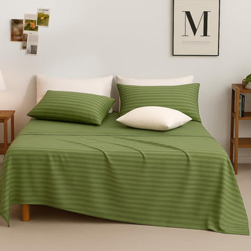 WSOKO Green Stripe Cotton Queen/Double Bedsheet | 90 x 100 Inch | Hotel Quality | 3-Piece Set | 1 Bedsheet + 2 Pillow Covers