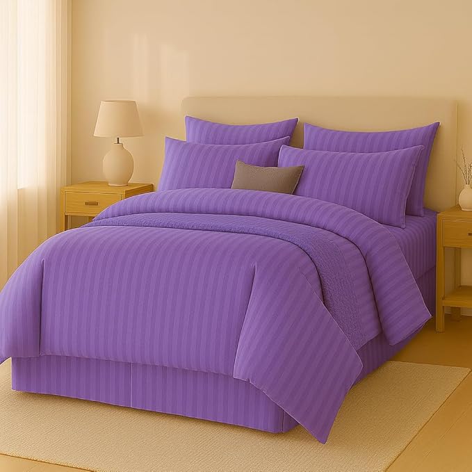 WSOKO COTTONMicrofiber Satin Stripe 400 TC King Size 4Pc AC Comforter Set for Double Bed with 1 Flat Bedsheet and 2 Pillow Covers - Lightweight for All Weather/Season - 90x100 Inches, Purple