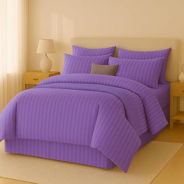 WSOKO COTTONMicrofiber Satin Stripe 400 TC King Size 4Pc AC Comforter Set for Double Bed with 1 Flat Bedsheet and 2 Pillow Covers - Lightweight for All Weather/Season - 90x100 Inches, Purple