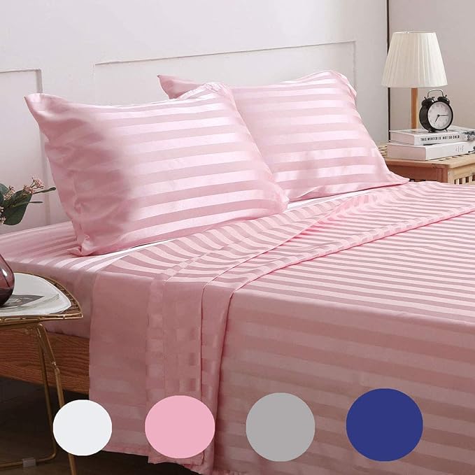 WSOKO KING SIZE 108X108100% Egyptian Cotton Bed Sheets 600 Thread Count Sateen Finish Luxuries Hotel Quality (1 Flat Bedsheet and 2 Pillowcase) Pink Stripe King Size